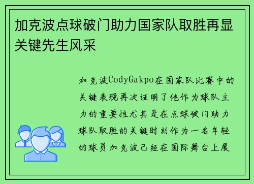 加克波点球破门助力国家队取胜再显关键先生风采 加克波点球破门助力国家队取胜再显关键先生风采